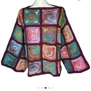 Handcrafted Crochet Oversized Sweater Granny Square Colorful Boho Wide Sleeve
